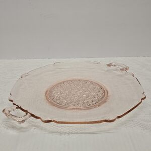Vintage Lancaster Pink Depression Glass Landrum Cane Center Handled Platter Tray